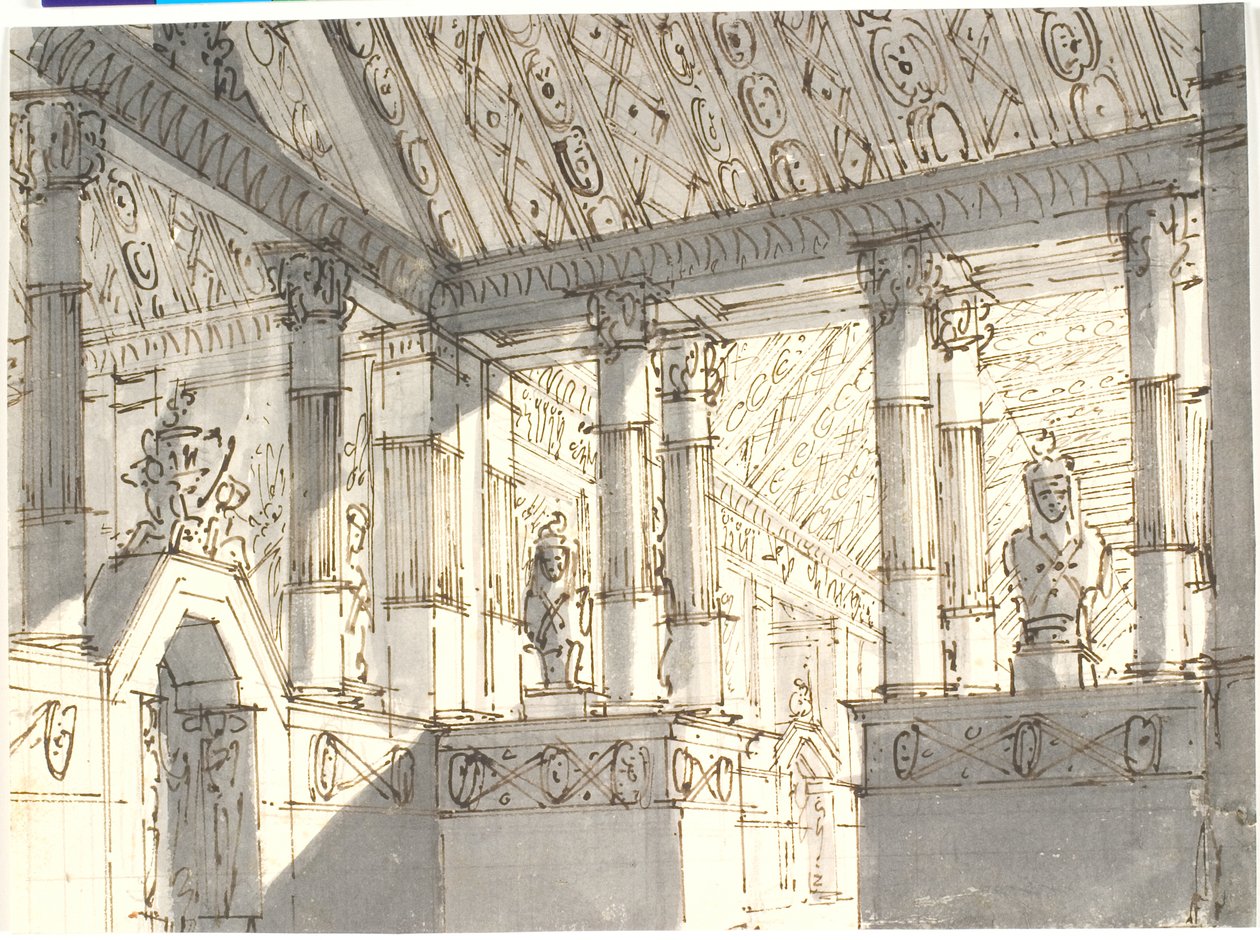 Interiør (fra tempel?) med søjler og statuer af Aron Wallick