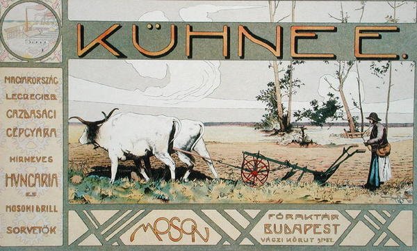 Annonce for landbrugsmaskiner lavet af E. Kuehne fra Budapest af Arpad Basch