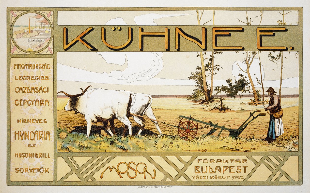 Gengivelse af en plakat, der reklamerer for Kuhnee Agricultural Manufacturers, 1899 af Arpad Basch