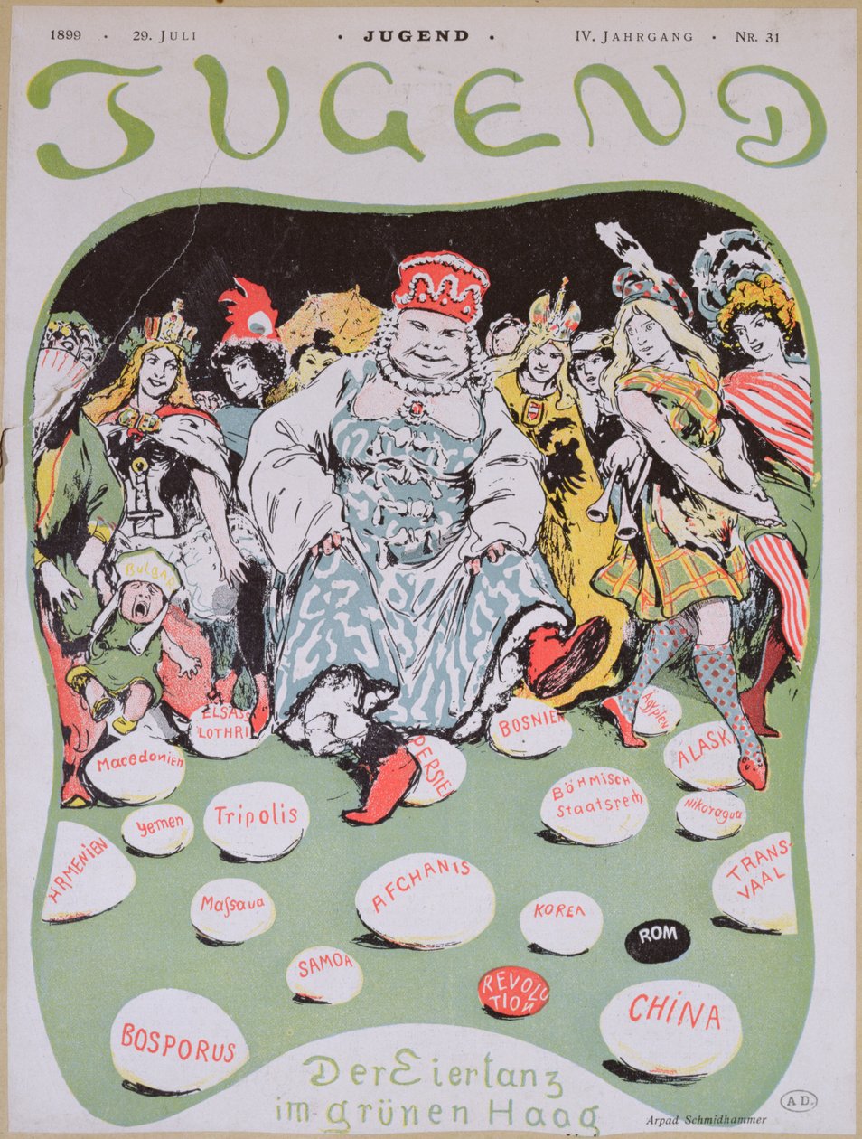Egg Dance, tegnefilm om den første fredskonference i Haag, fra det tyske magasin Jugend, 29. juli 1899 af Arpad Schmidhammer