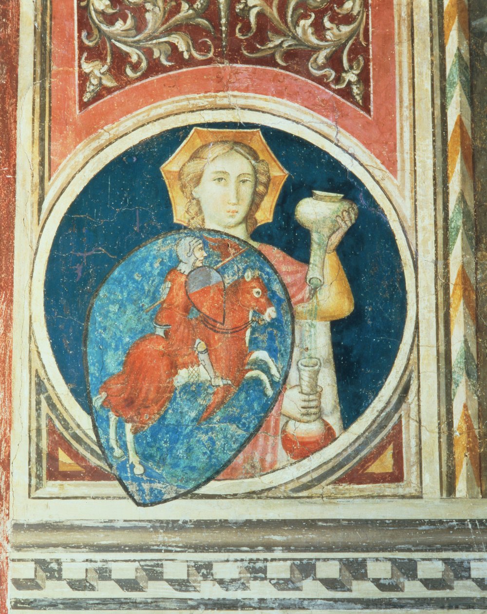 Allegorisk figur af Temperance, en af flere skildringer af dyderne, der indrammer Militant Retfærdighed fra Salone del Consiglio af Arrigo di Niccolo