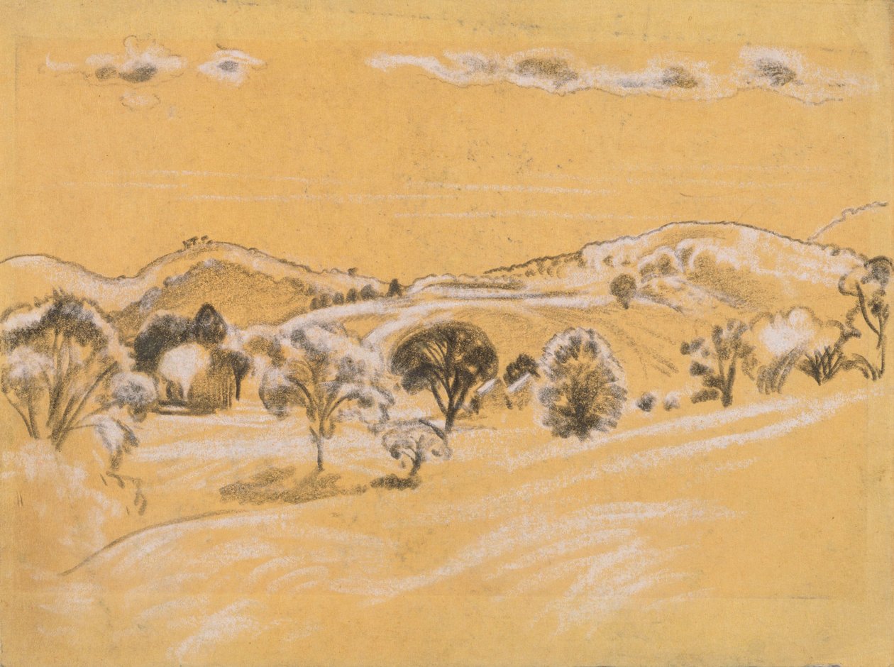 hvidt og sort kridtlandskab fra A.B. Davies bog, udgave -38, 50 af Arthur Bowen Davies