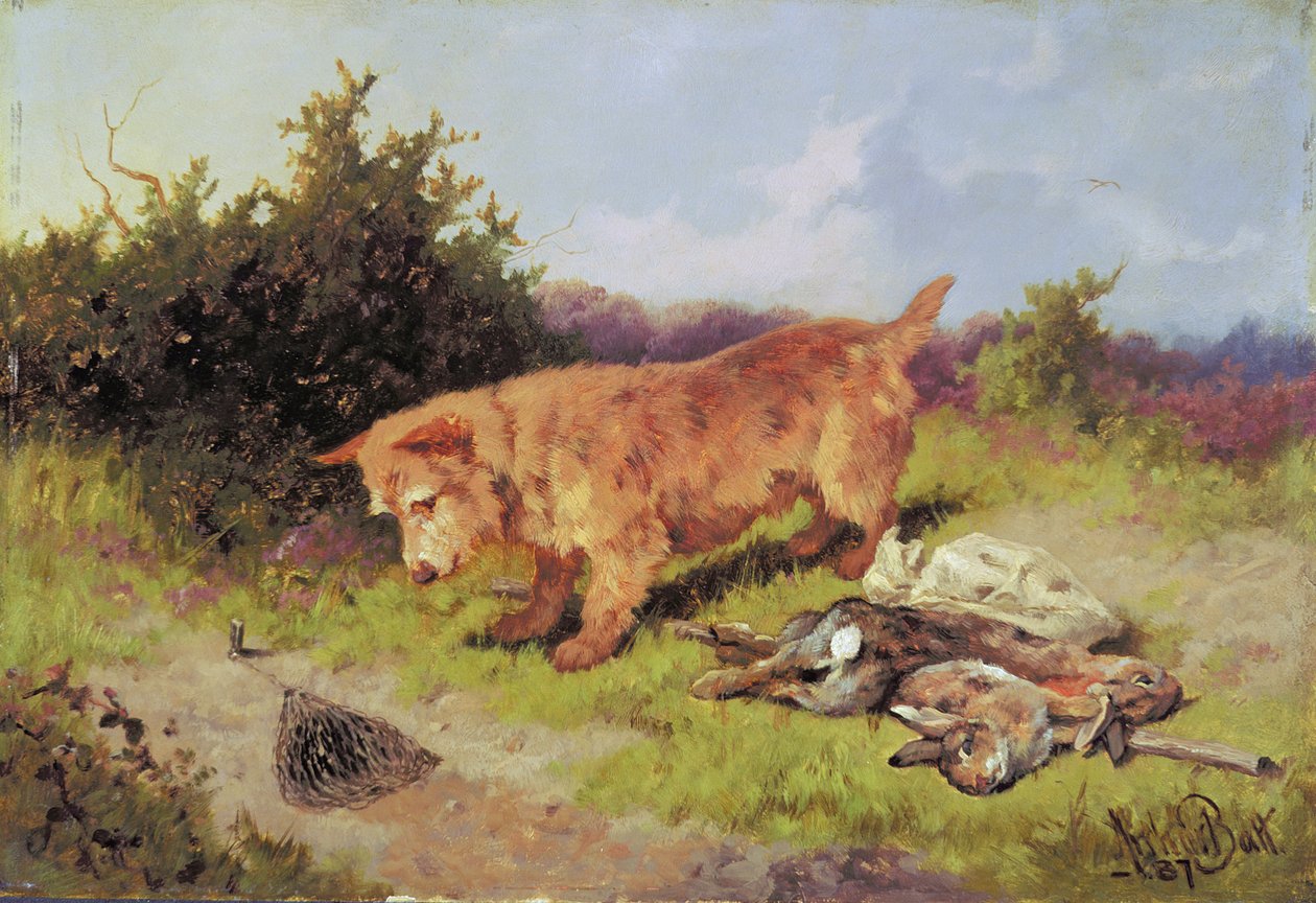 Terrier ser på en kaninfælde, 1887 (olie på møllebræt) af Arthur Batt