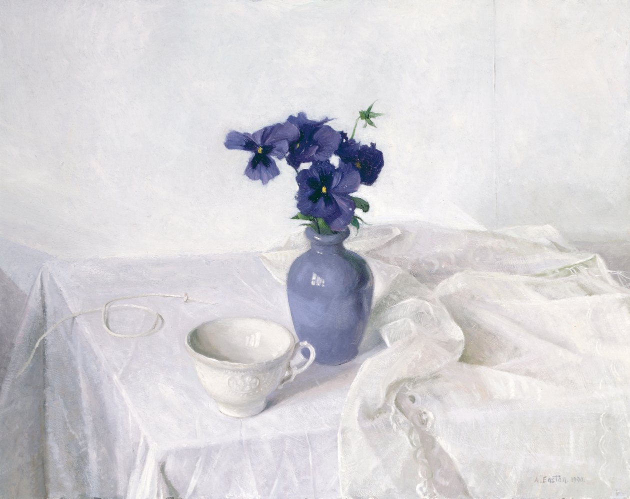 Stedmoderblomster i en blå vase, Stilleben, 1990 af Arthur Easton