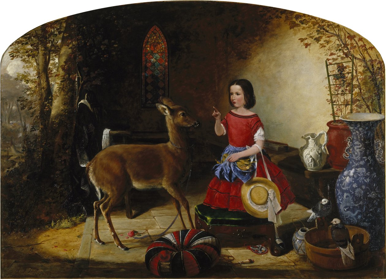 Reprimanden. Ah! Du frække fawn, du har spist blomsterne igen. af Arthur Fitzwilliam Tait