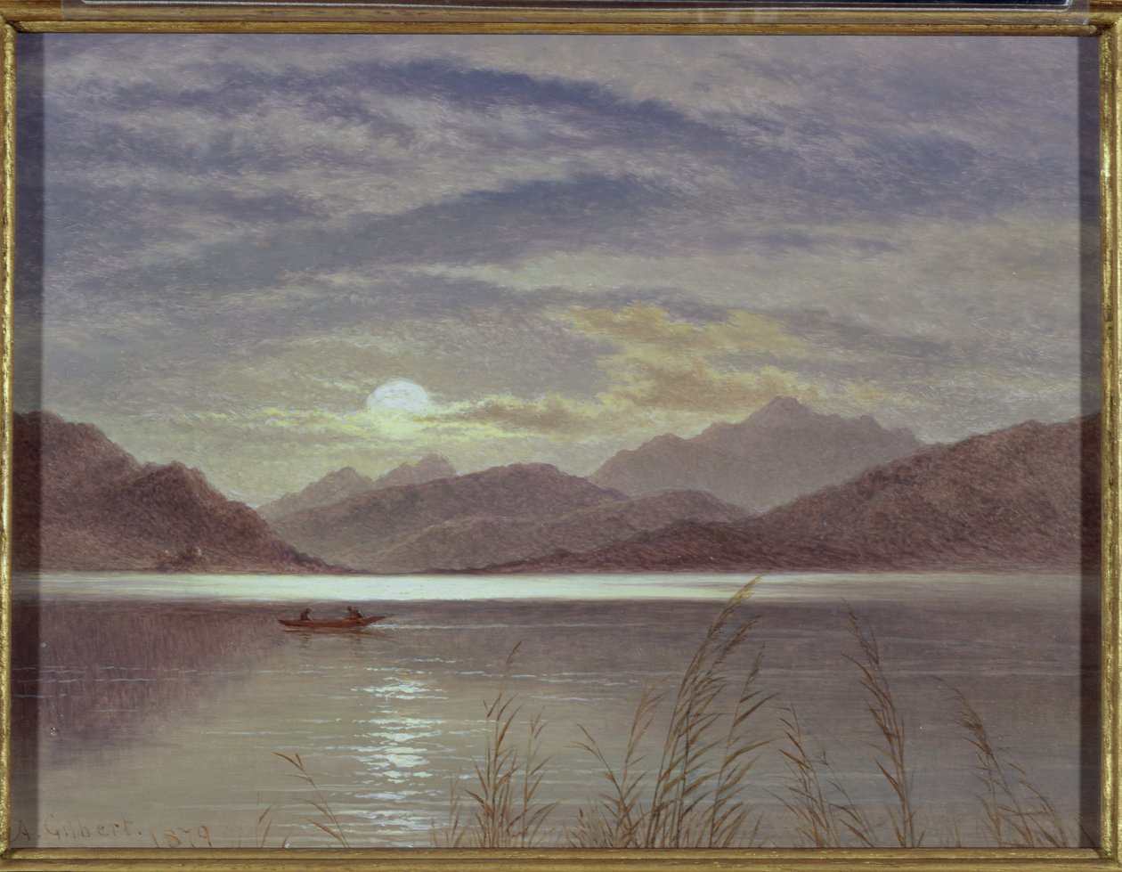 Lake Scene by Moonlight, 1879 (tavle) af Arthur Gilbert
