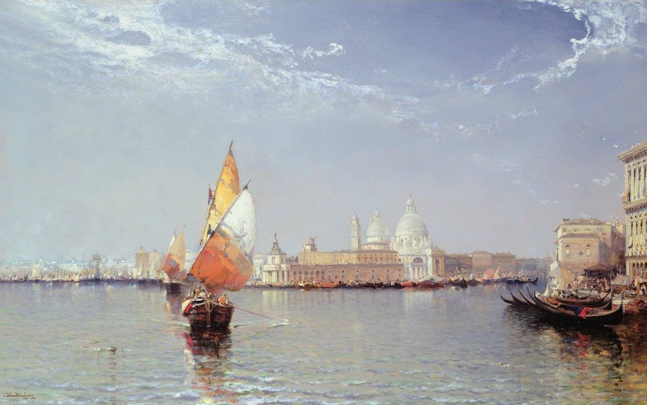 Venetiansk kanalscene med salutten i det fjerne af Arthur Joseph Meadows