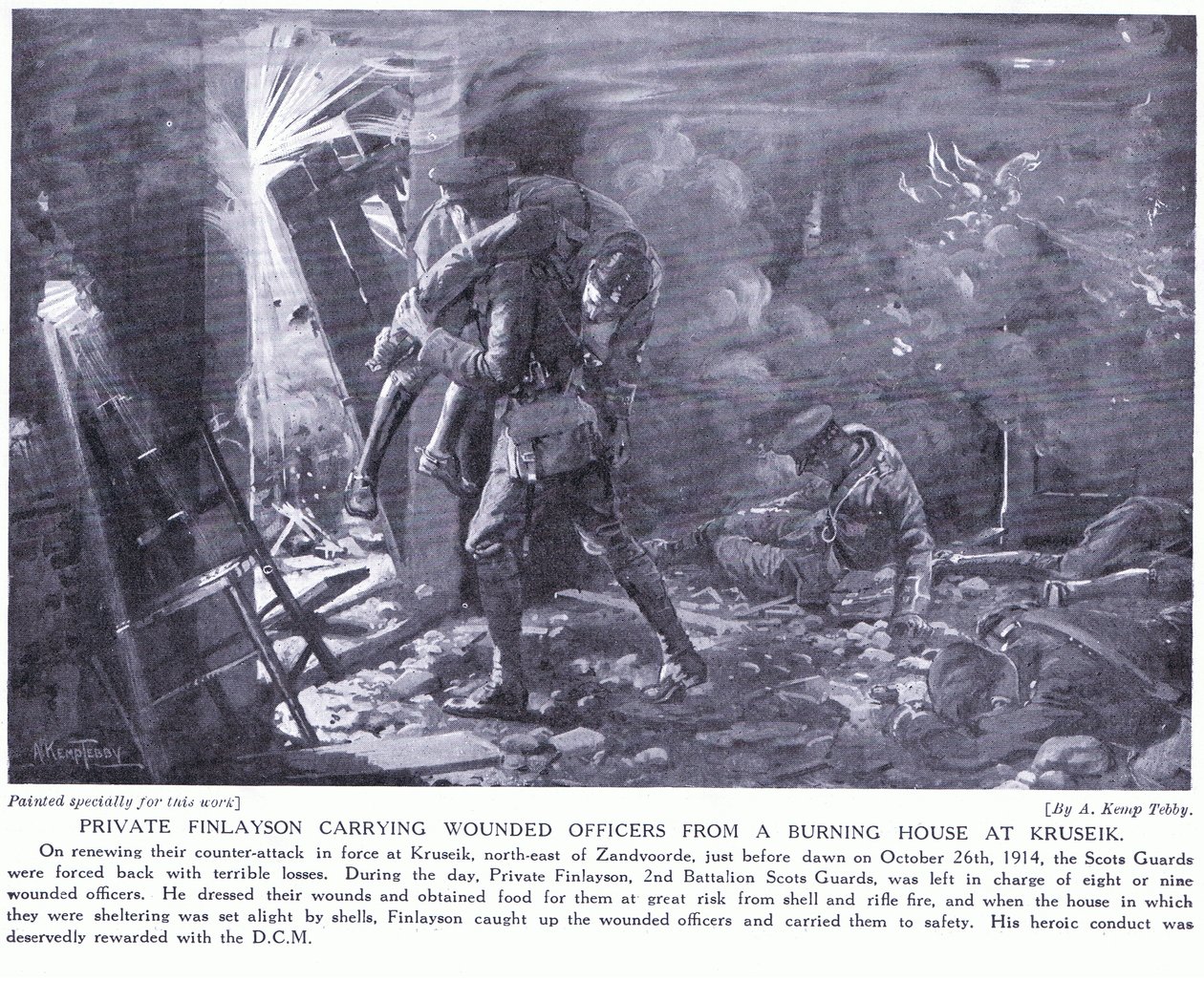 Menig Finlayson fik en DCM for at bære sårede officerer ud af et brændende hus i Kruseik i oktober 1914 (sort/hvid foto) af Arthur Kemp Tebby