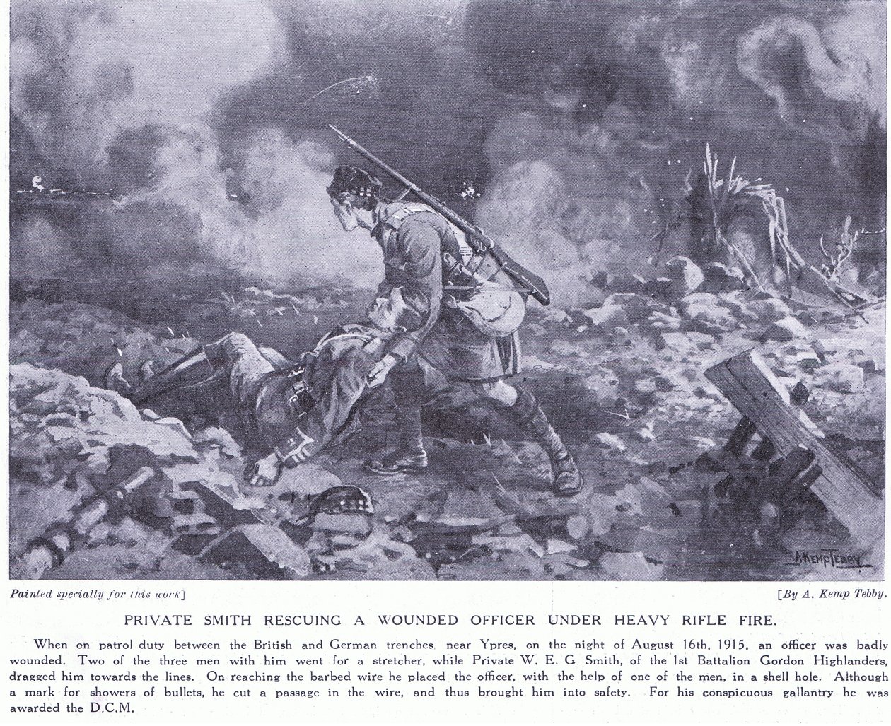 Menig Smith reddede en såret officer under kraftig beskydning tildelt DCM Ypres august 1915 af Arthur Kemp Tebby