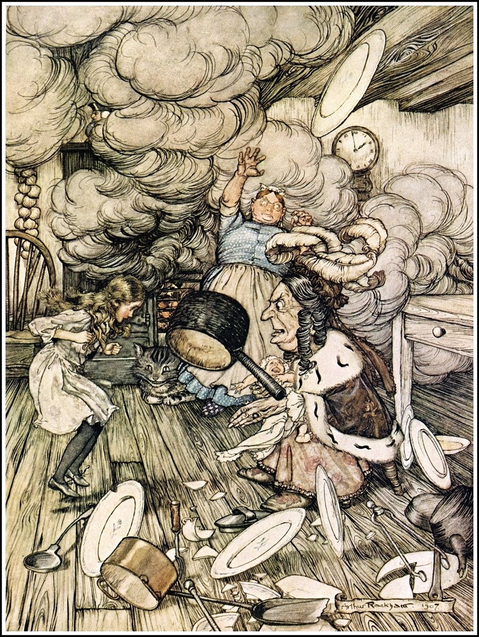 Alices Adventures in Wonderland - En usædvanlig stor gryde fløj tæt ved den og bar den næsten af sted af Arthur Rackham