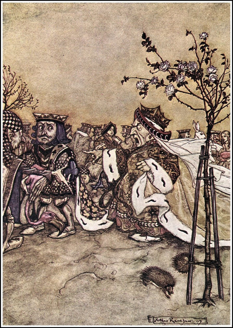Alices Adventures in Wonderland - Dronningen stoppede aldrig med at skændes med de andre spillere og råbte: Slut med hovedet! eller: Af sted med hovedet! n af Arthur Rackham