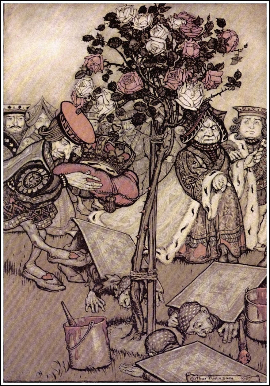 Alices Adventures in Wonderland - Dronningen vendte sig vredt væk fra ham og sagde til Knave: Vend dem om. N af Arthur Rackham