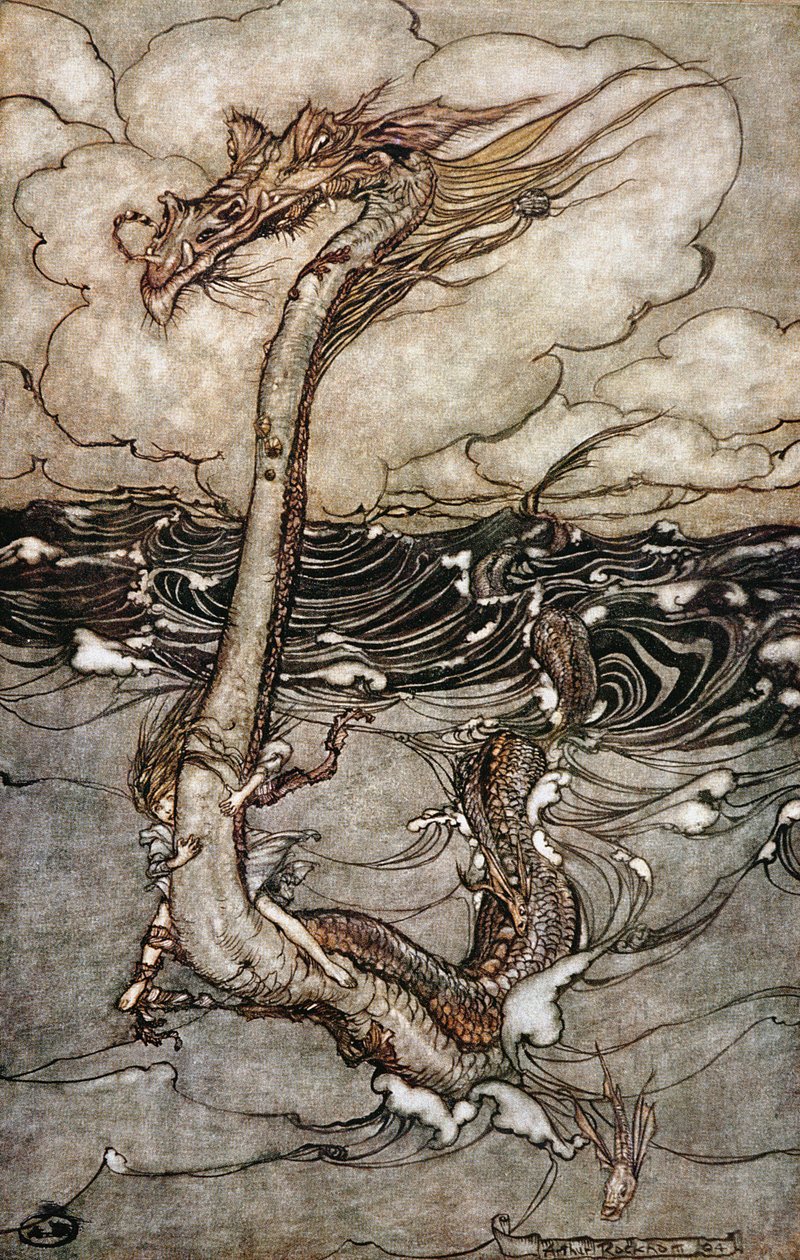 En ung pige rider på en søslange, 1904 af Arthur Rackham