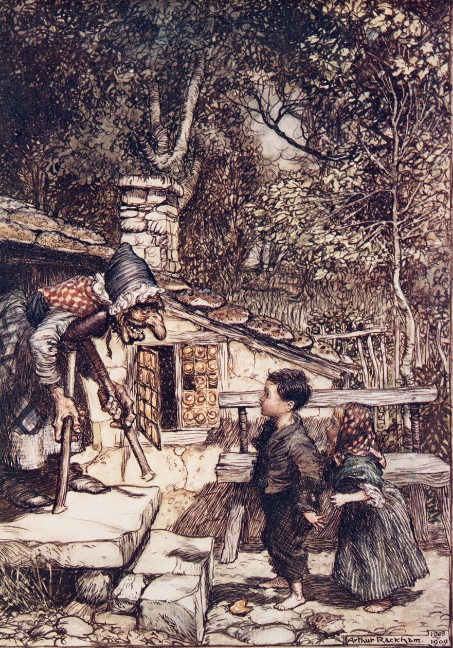 Med det samme gik døren op, og en gammel, gammel kvinde, der støttede sig på en krykke, kom humpende ud fra The Fairy Tales of the Brothers Grimm, pub. 1909 af Arthur Rackham