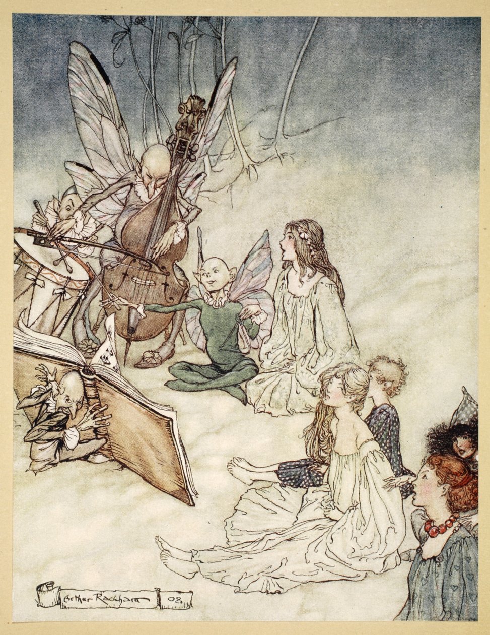 Og en eventyrsang, illustration fra "Midsommernatsdrøm" af William Shakespeare, 1908 af Arthur Rackham