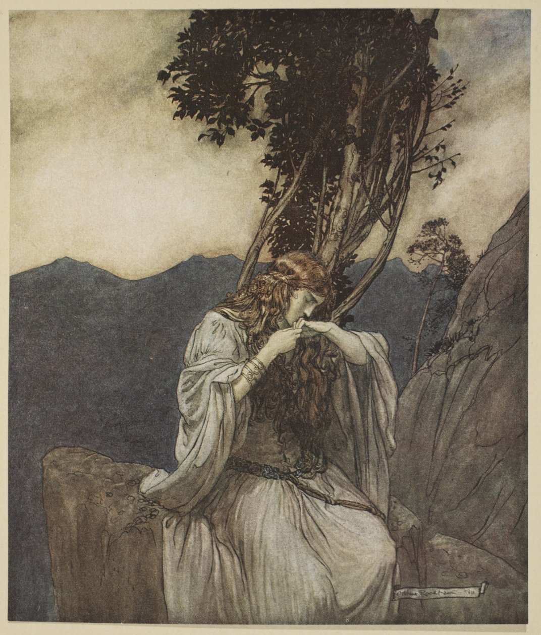 Brunnhilde kysser ringen, som Siegfried har efterladt med hende, illustration fra 