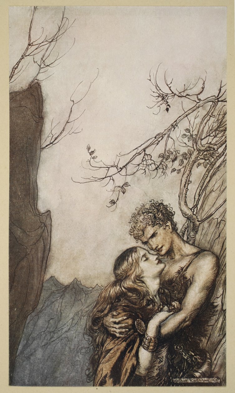 Brunnhilde kaster sig i Siegfrieds arme, illustration fra 