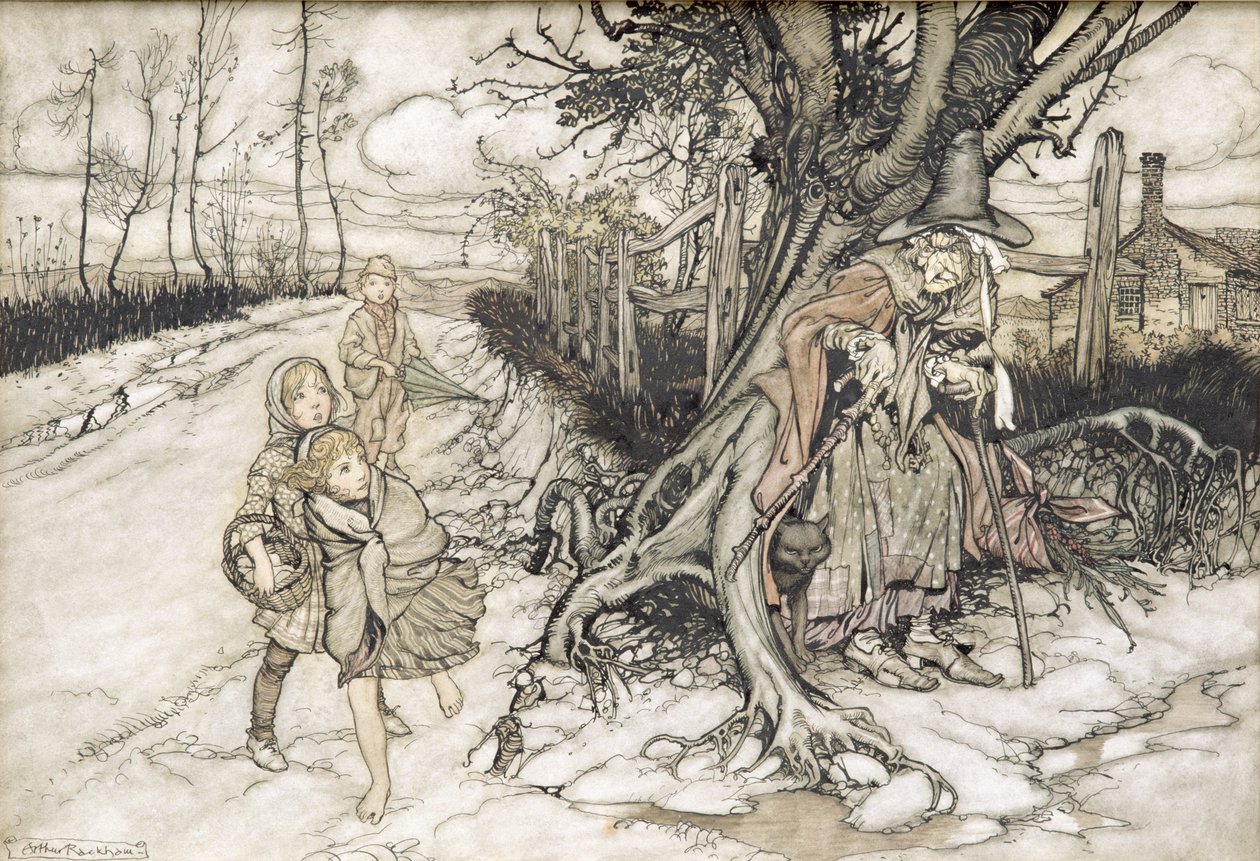 Børn forskrækket af en heks (wc, pen og blæk på papir) af Arthur Rackham
