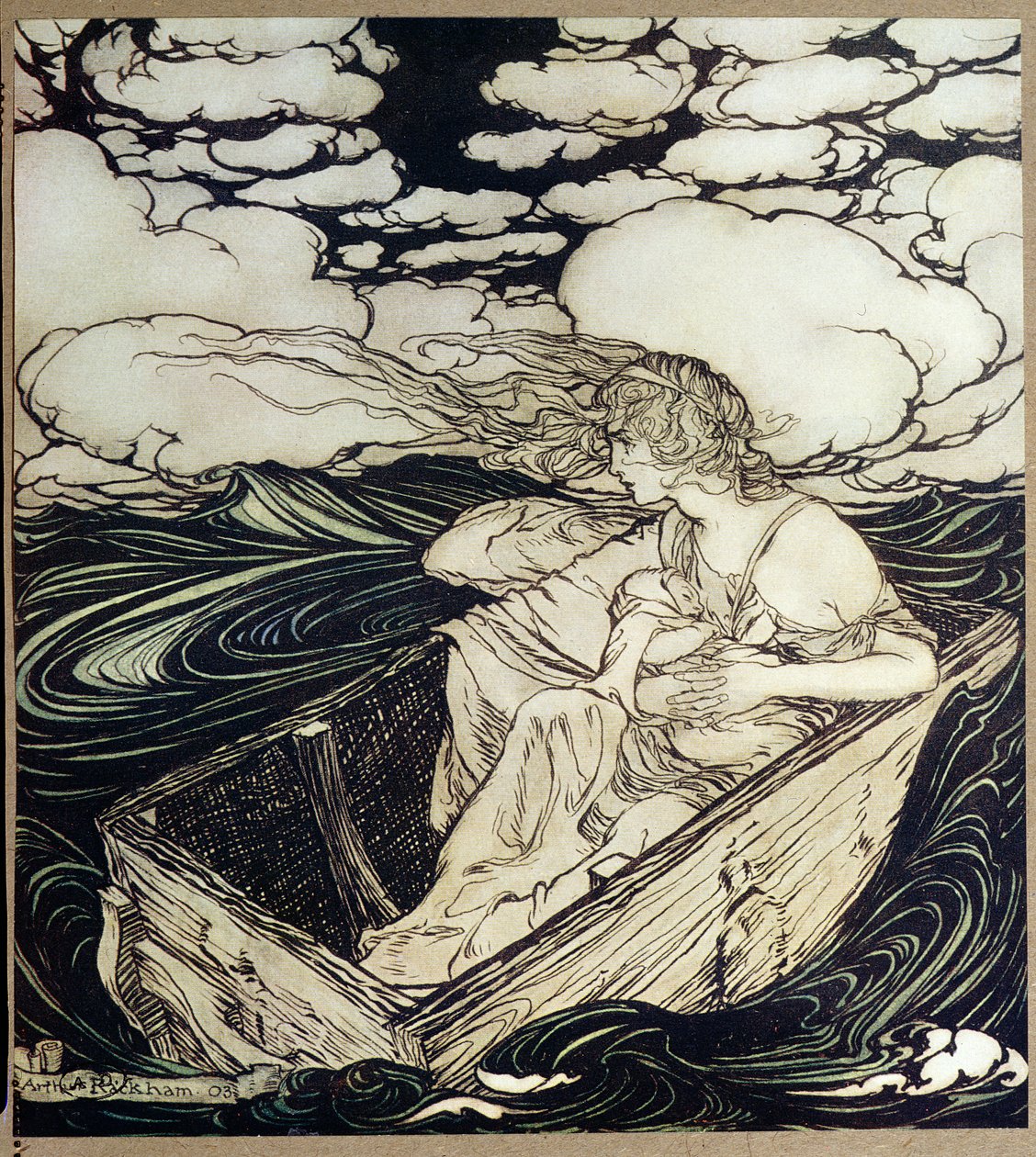 Danae og hendes søn Perseus, 1903 af Arthur Rackham