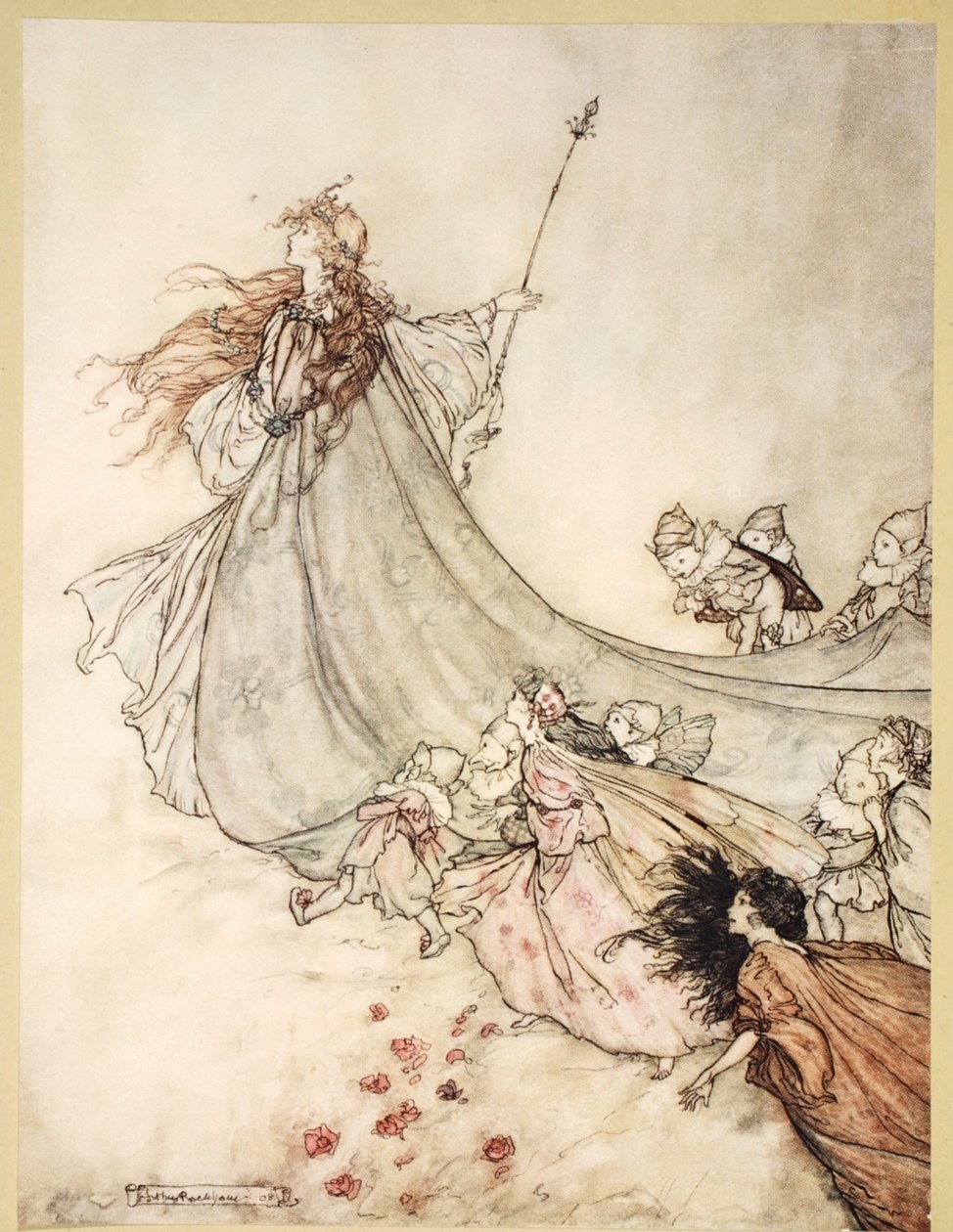 ..Feer væk! Vi skal skælde ud, hvis jeg bliver længere, illustration fra "Midsummer Nights Dream" af William Shakespeare, 1908 af Arthur Rackham