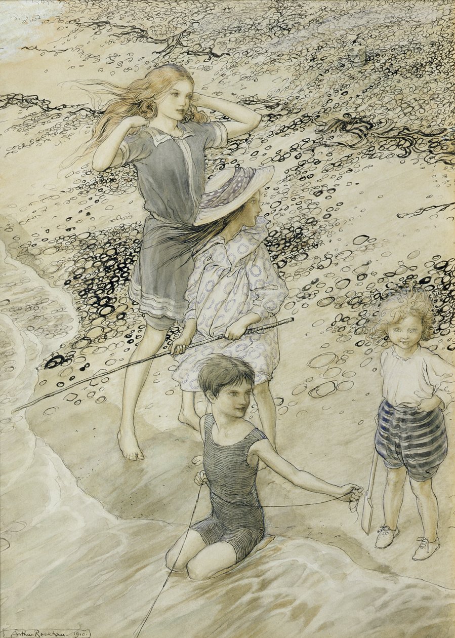 Fire børn ved kysten, 1910 af Arthur Rackham