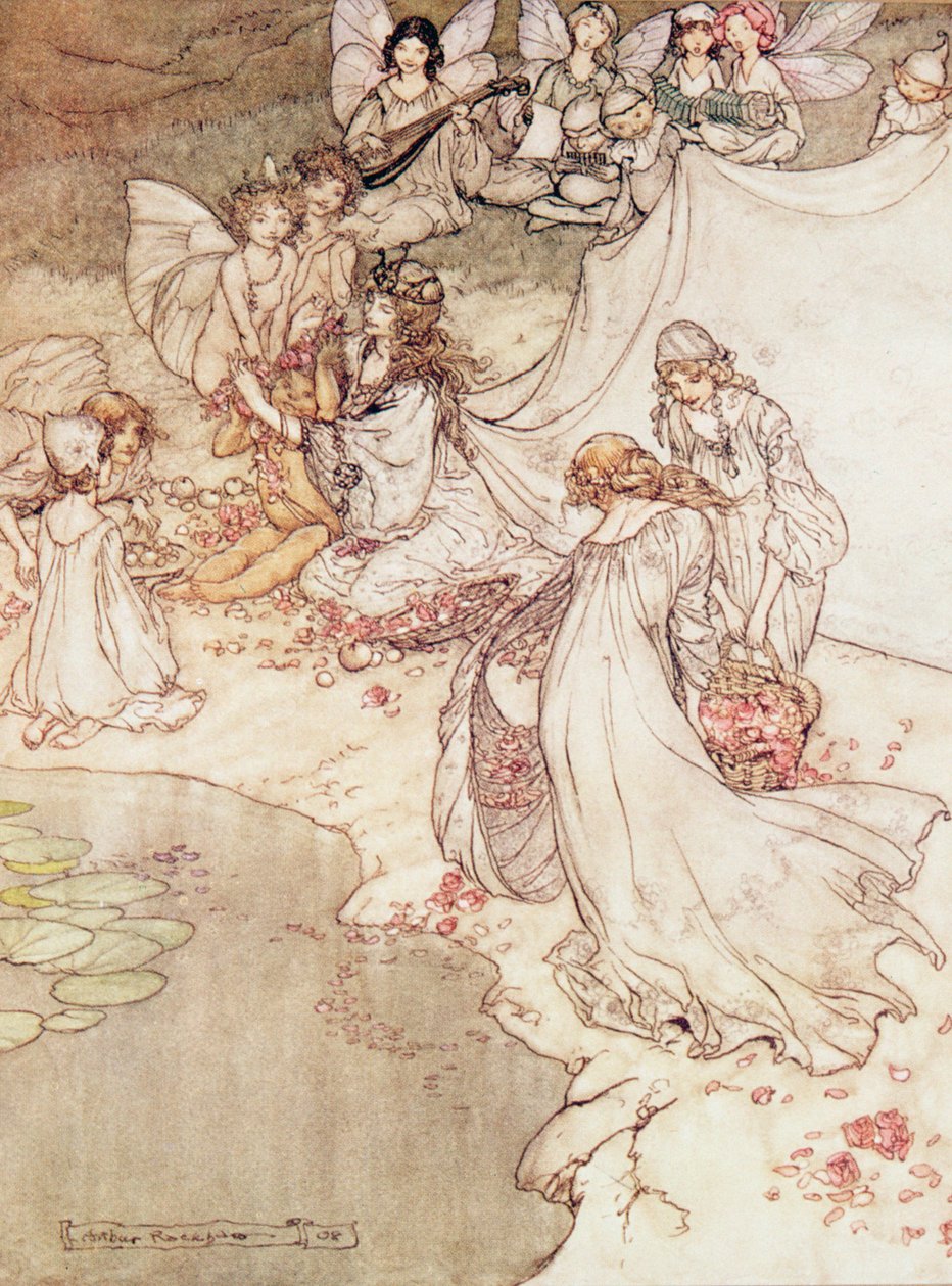 Illustration til et eventyr, eventyrdronning, der dækker et barn med blomst af Arthur Rackham