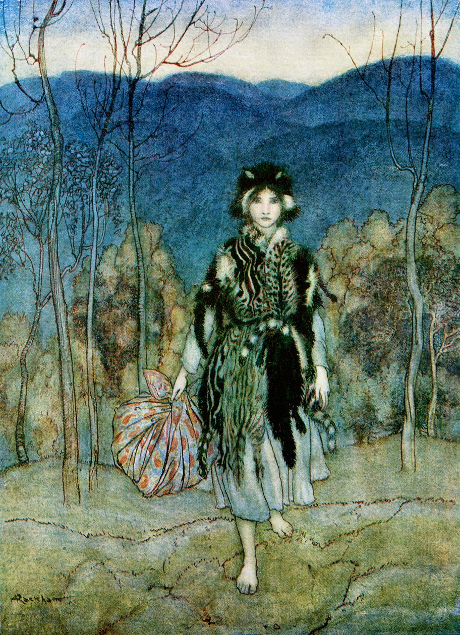 Illustration til historien Catskin, fra engelske eventyr genfortalt af F.A. Steel, 1927 af Arthur Rackham