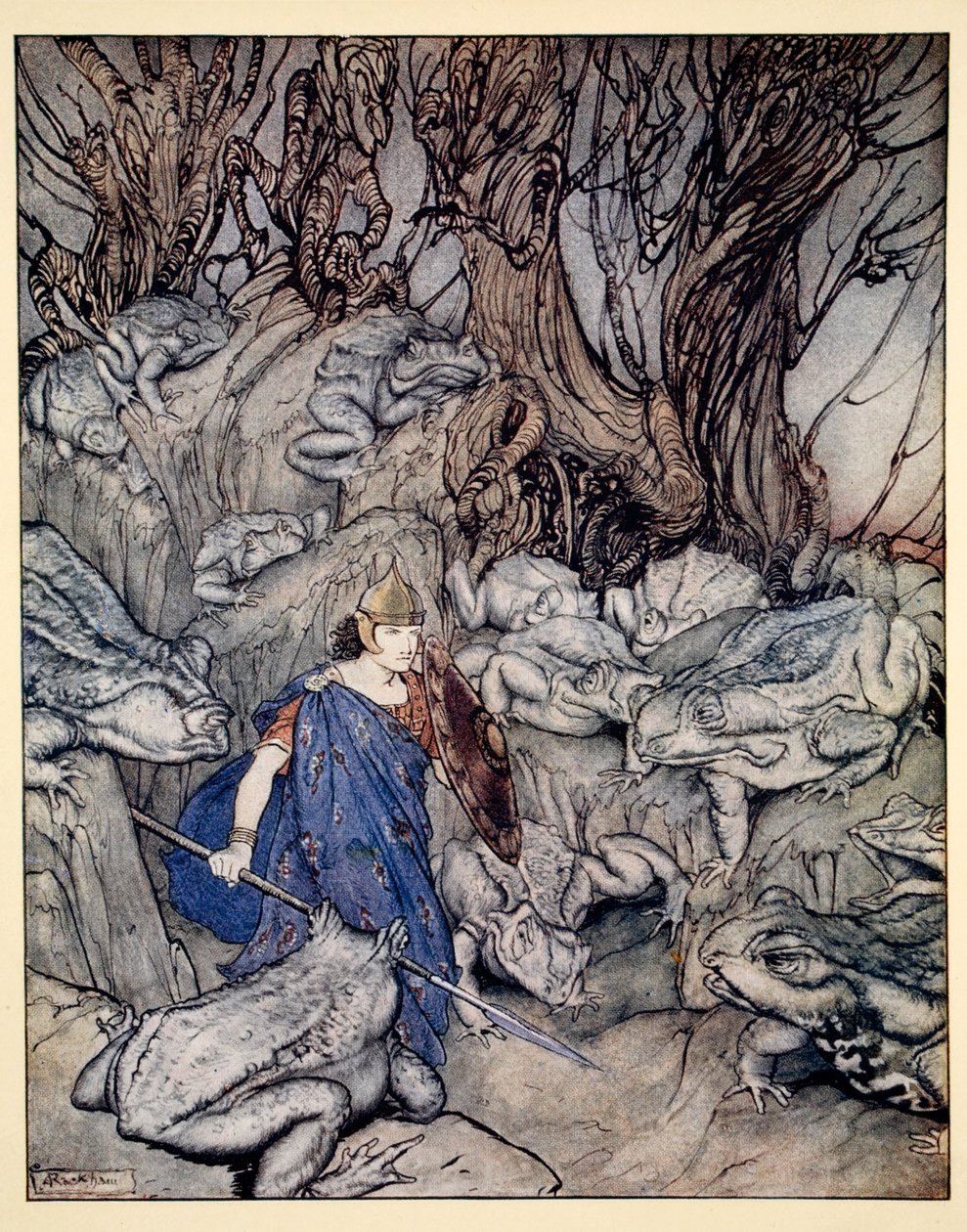 I den gaffelformede dal, som han gled ind i om natten, var han omgivet af kæmpe tudser, illustration fra 