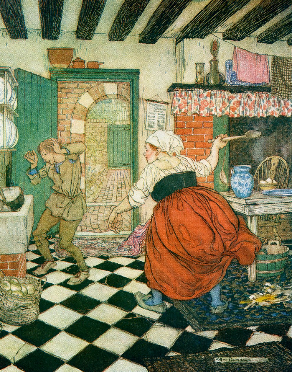 Mange tæsk, han fik fra kosteskaftet eller slev, illustration til Dick Whittington og hans kat, fra engelske eventyr genfortalt af F.A. Steel, 1927 af Arthur Rackham