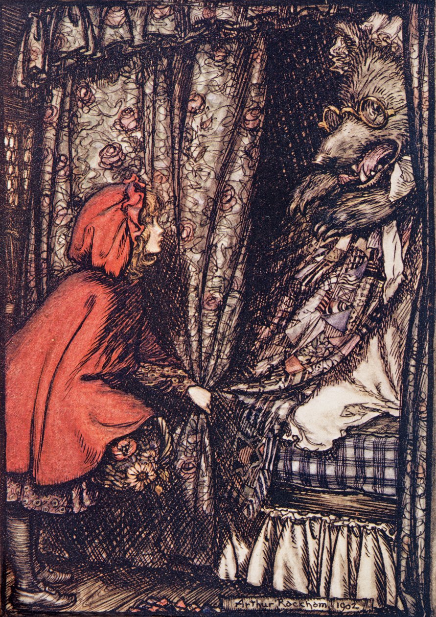 O, bedstemor, sikke store ører du har, sagde hun, fra Brødrene Grimms eventyr, pub. 1909 af Arthur Rackham