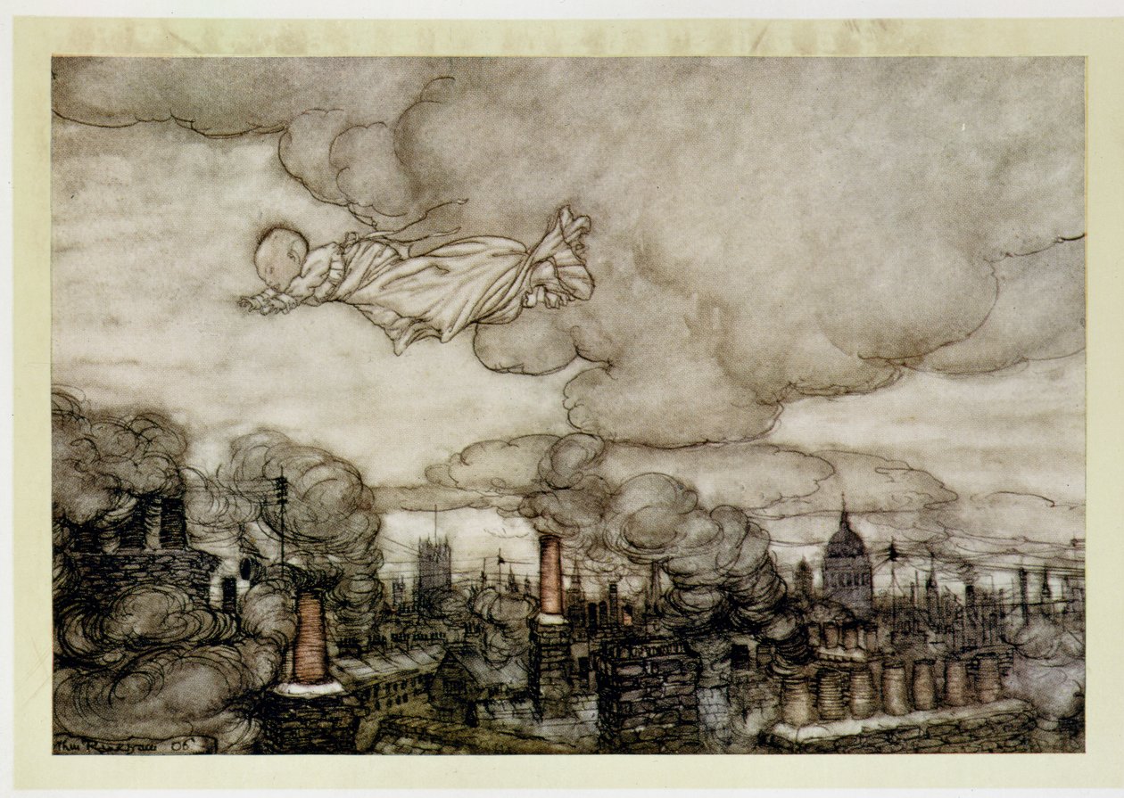 Peter Pan flyver over London, illustration fra 