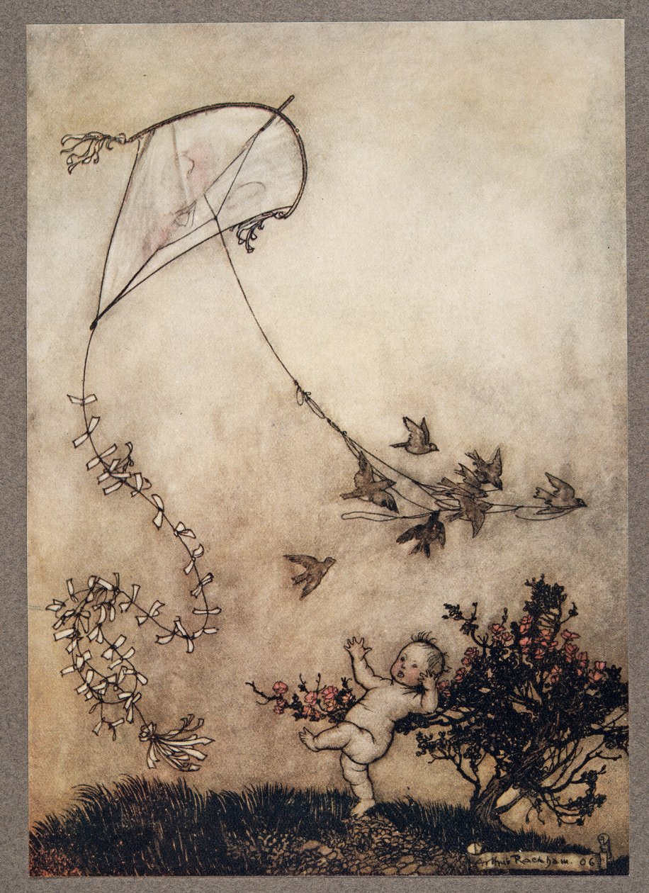 Peter skreg ud Gør det igen! og med stor god natur gjorde de det flere gange, fra Peter Pan i Kensington Gardens af J M Barrie (1860 - 1937), pub. 1906 af Arthur Rackham