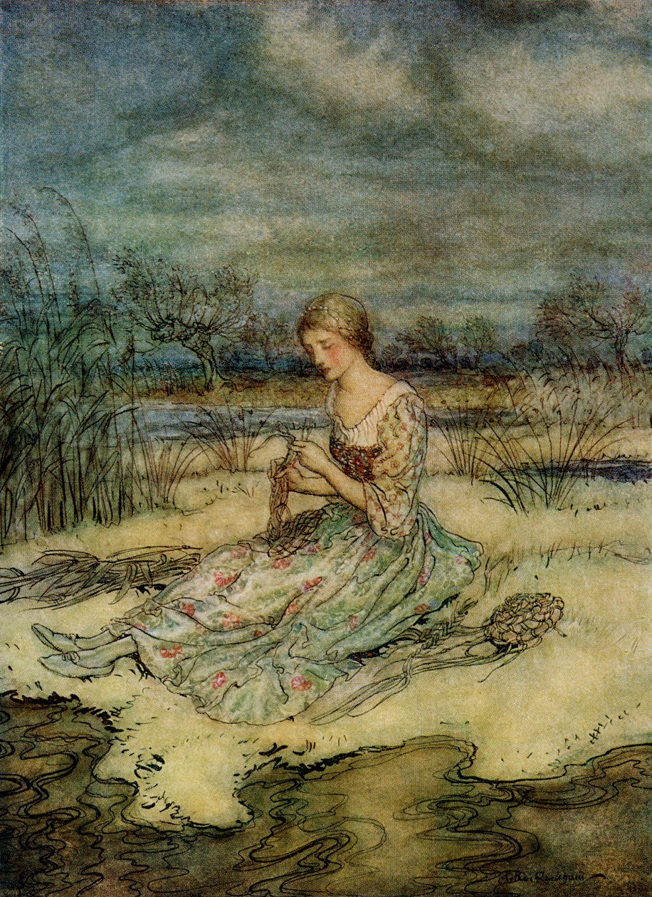 Hun satte sig ned og flettede sig en overall af siv og kasket, der matchede, fra English Fairy Tales Genfortalt af F.A. Steel, 1927 af Arthur Rackham