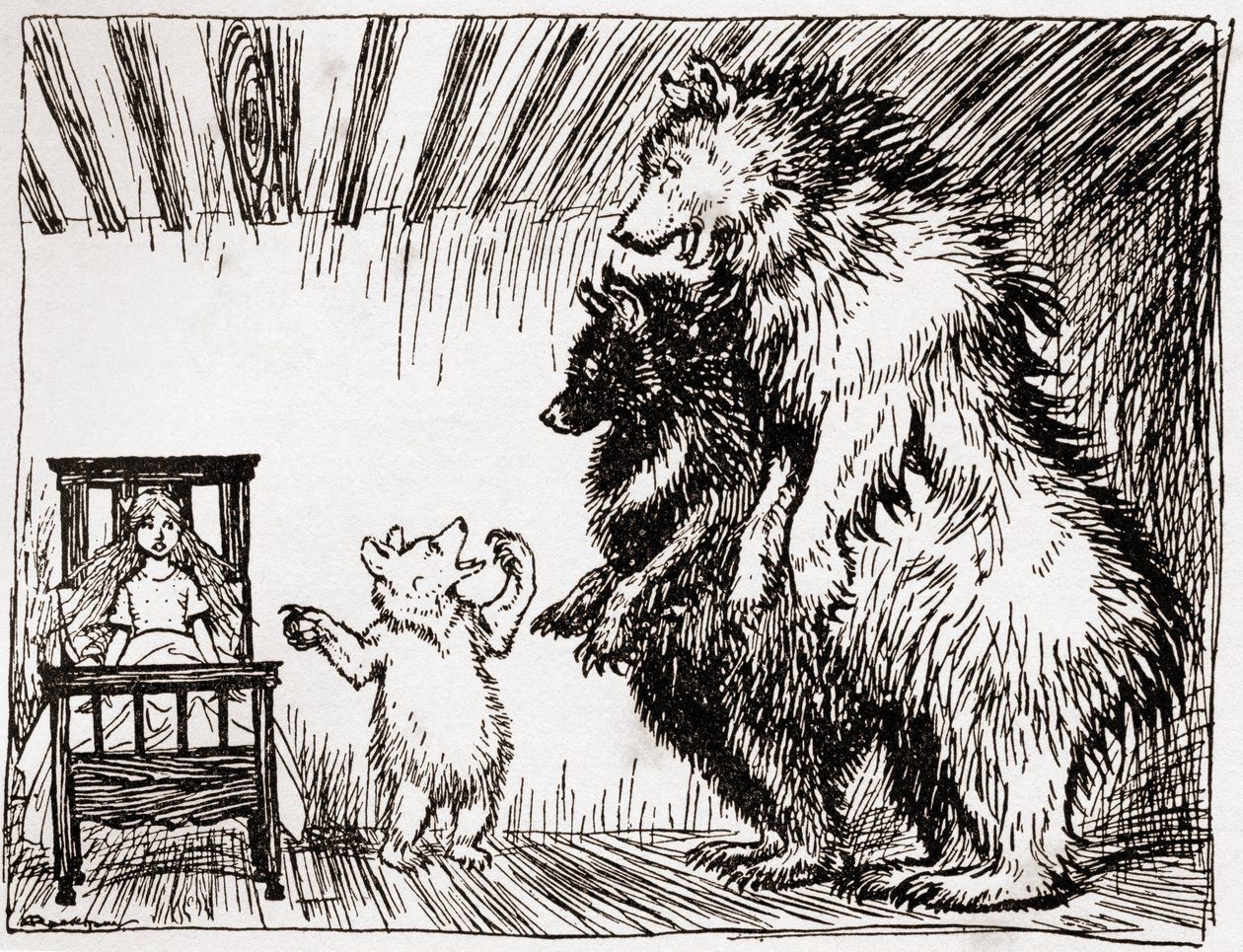 Nogen har ligget i min seng, og her er hun, illustration til Guldlok og de tre bjørne, fra engelske eventyr genfortalt af F.A. Steel, 1927 af Arthur Rackham