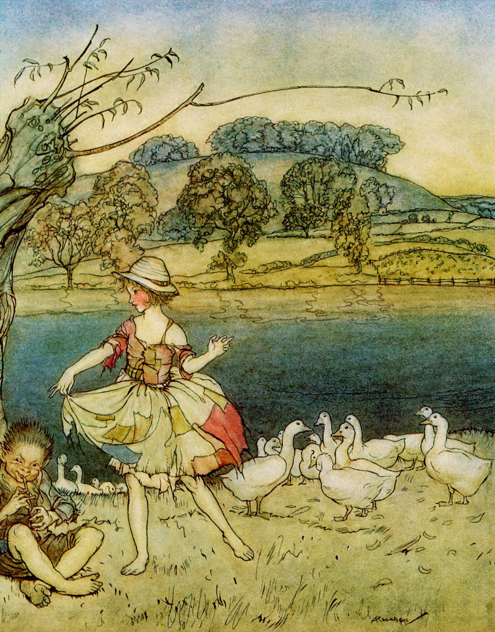 Tattercoats danser mens gåsehyrden piber, fra engelske eventyr genfortalt af F.A. Steel, 1927 af Arthur Rackham