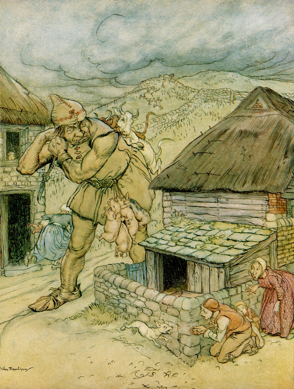 Kæmpeskarven var hele landets rædsel, illustration til Jack the Giant Killer fra engelske eventyr genfortalt af F.A. Steel, 1927 af Arthur Rackham