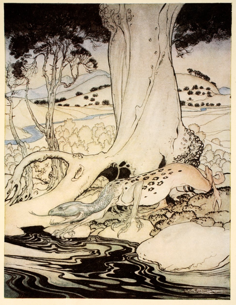 Det søgende bæst, illustration fra "The romance of King Arthur and his ridders of the Round Table" af Alfred W. Pollard, 1910 af Arthur Rackham