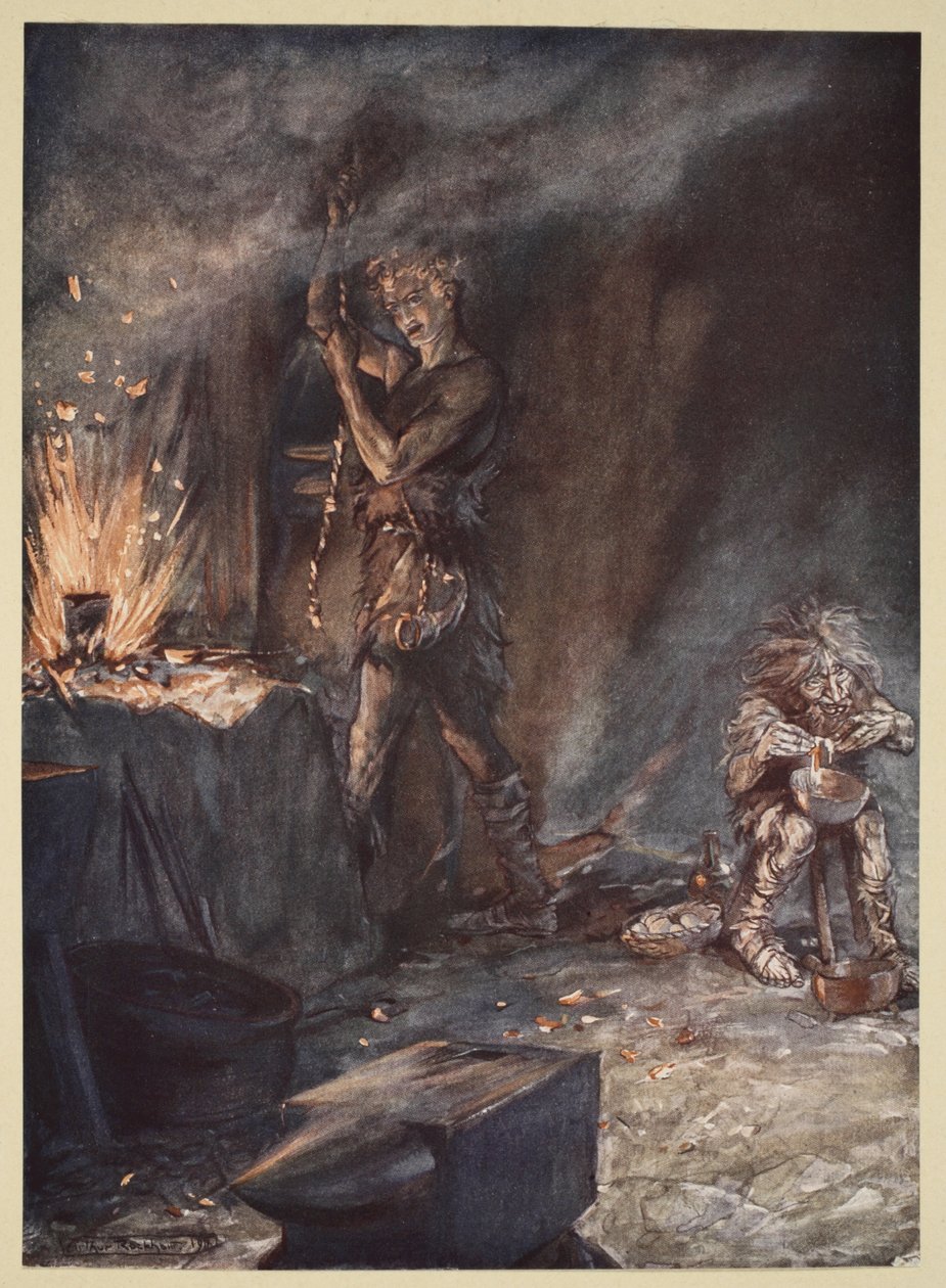 Smedningen af Nothung, illustration fra "Siegfried og gudernes tusmørke", 1924 af Arthur Rackham