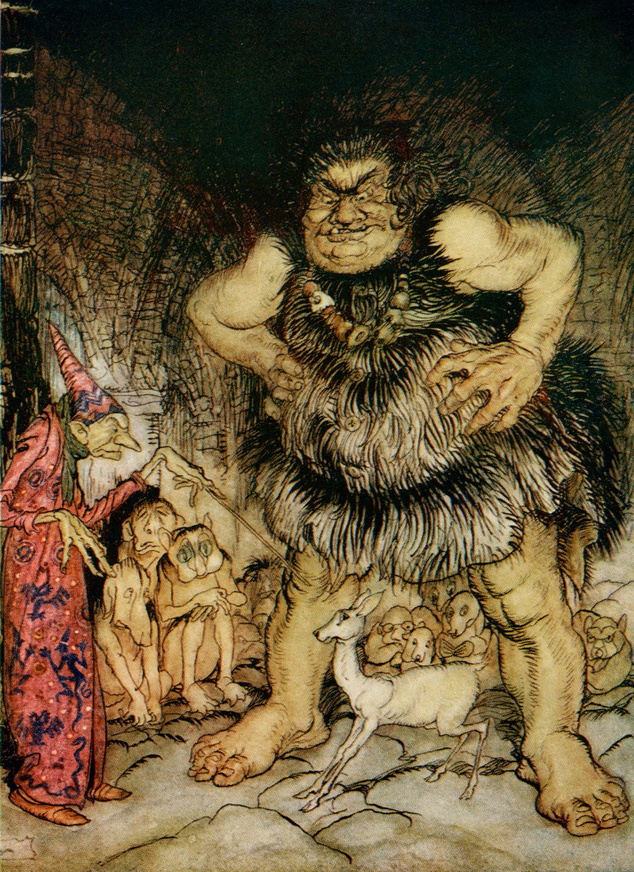 Den gigantiske Galligantua og den onde gamle tryllekunstner forvandler hertugens datter til en hvid hind, illustration til Jack the Giant Killer fra English Fairy Tales Genfortalt af F.A. Steel, 1927 (farve lith af Arthur Rackham
