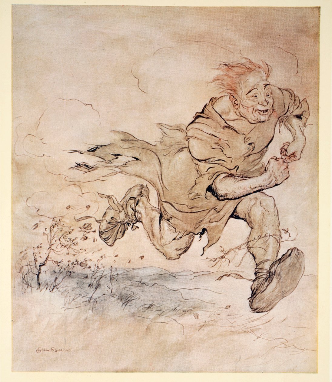 Hans store støvler dunkede uafbrudt som haglstenene på taget, og vinden på hans vej blæste træer ned, illustration fra "Irish Fairy Tales" af James Stephens, 1920 af Arthur Rackham