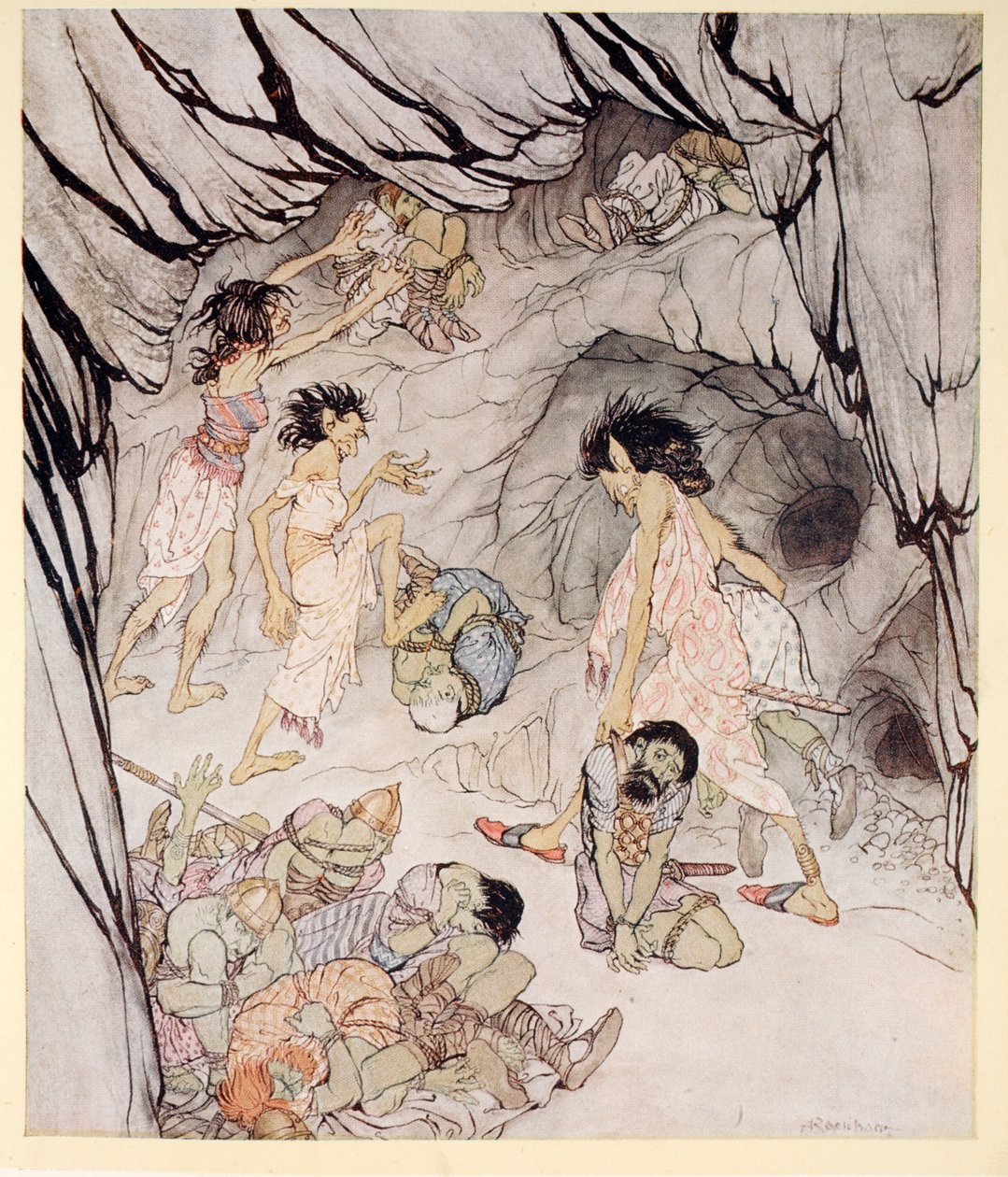 Den her er fed, sagde Cuillen, og hun rullede en tyk Fenianer rundt som et hjul, illustration fra "Irish Fairy Tales" af James Stephens, 1920 af Arthur Rackham