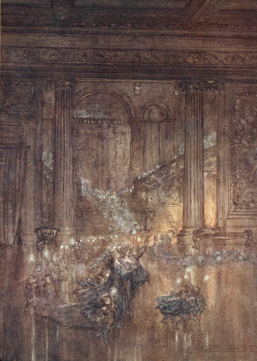 Gennem huset giver glimtende lys, Ved den døde og døsige ild, illustration fra "Midsommernatsdrøm" af William Shakespeare, 1908 af Arthur Rackham