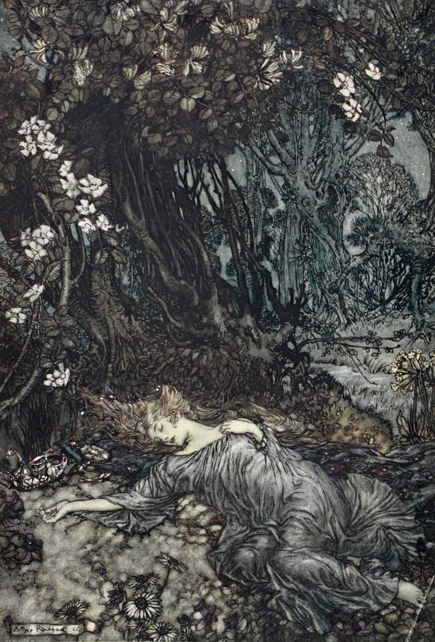 Titania ligger og sover, illustration fra "Midsommernatsdrømmen" af William Shakespeare, 1908 af Arthur Rackham