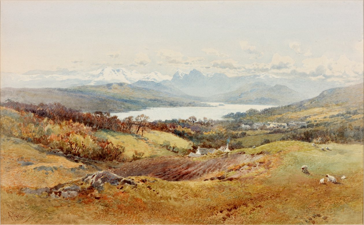 Landskab - Langdale Pikes (kropsfarve, blyant og wc på papir) af Arthur Tucker