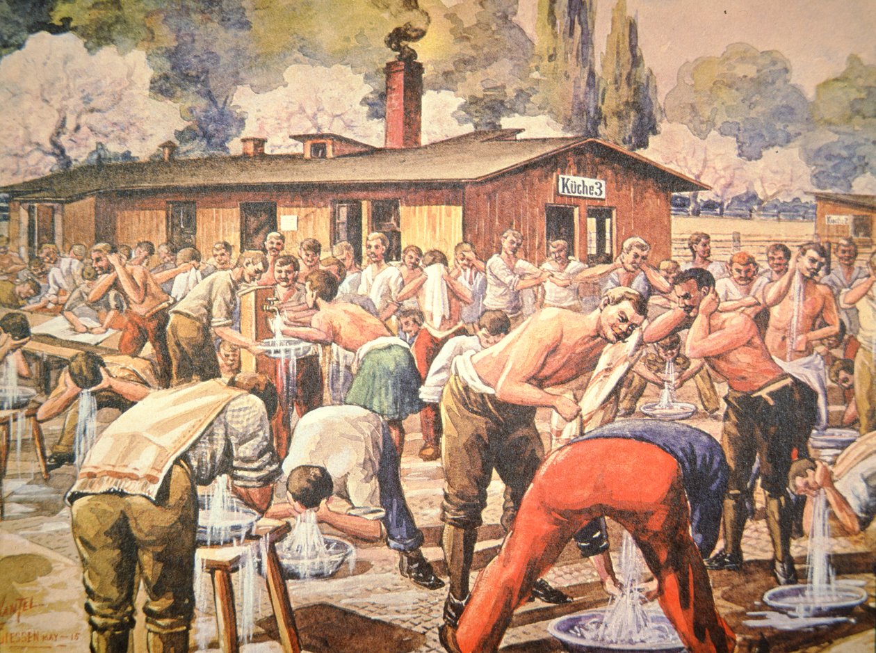 Allierede krigsfanger ved deres afvaskninger i tysk fangelejr ved Geissen (farve litho) af Arthur (after) Nantel