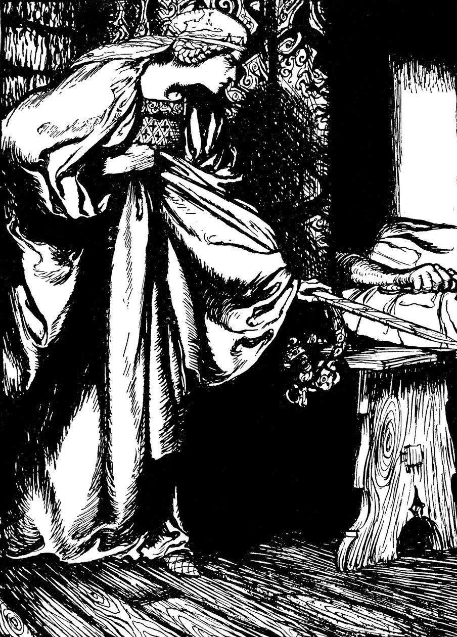 Morgan le Fay stjæler Arthurs sværd af Arthur (after) Rackham