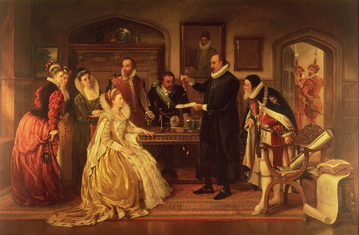 Dr. William Gilbert (1544-1603) viser sit eksperiment med elektricitet til dronning Elizabeth I og hendes hof, det 19. århundrede (se detaljer 99460) af Arthur Ackland Hunt