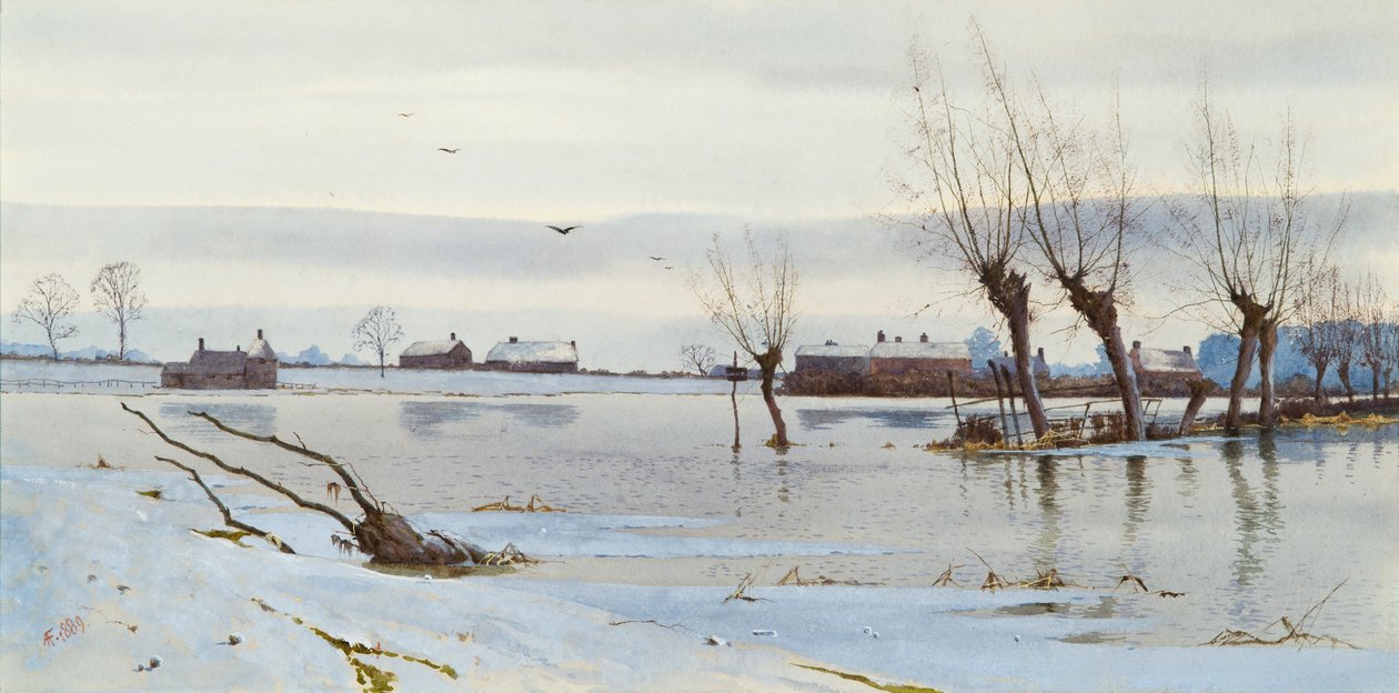 Vinterlandskab med oversvømmet flod, 1889 (wc) af Arthur Anderson Fraser