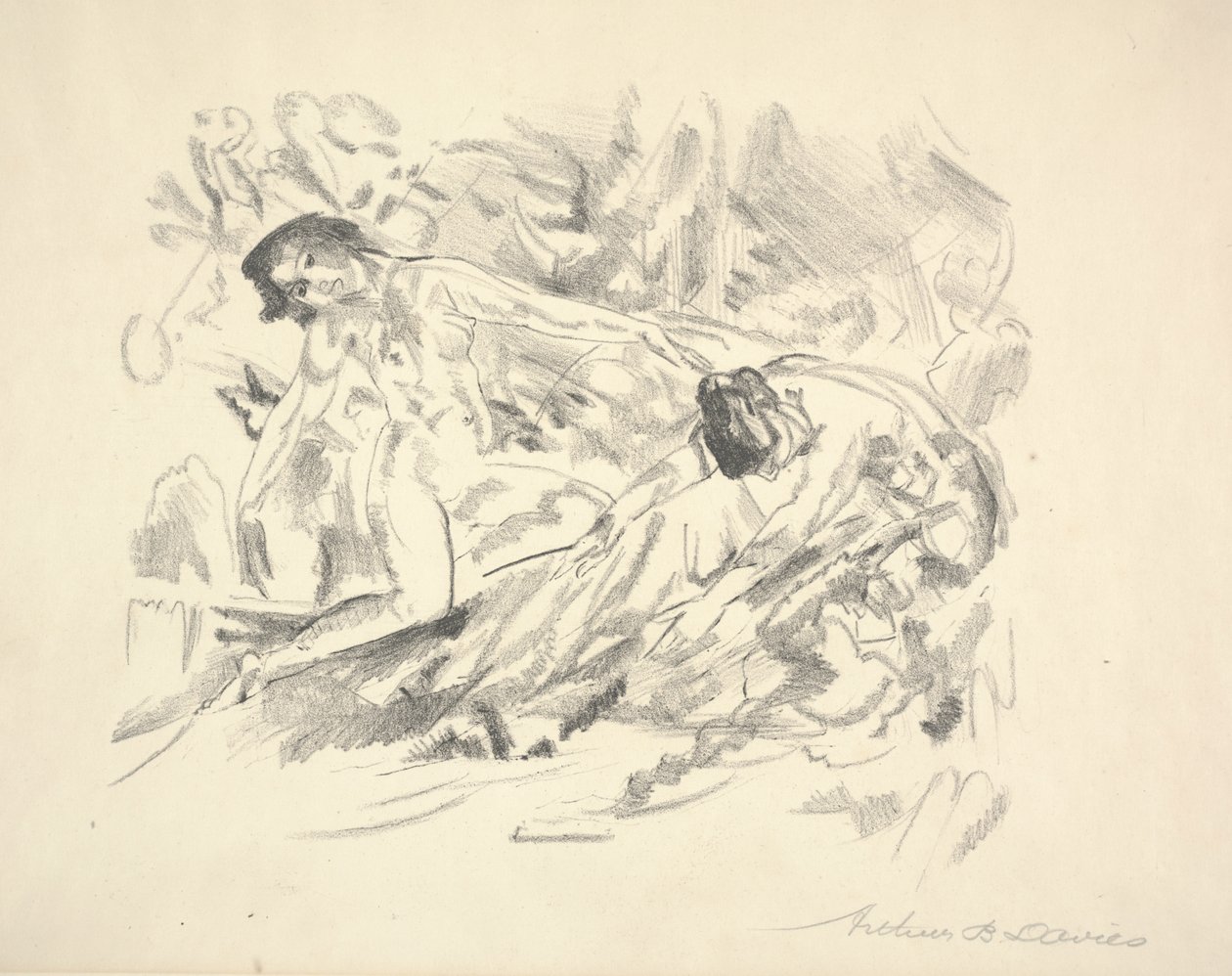 To kvindefigurer i et landskab (blyant på papir) af Arthur Bowen Davies