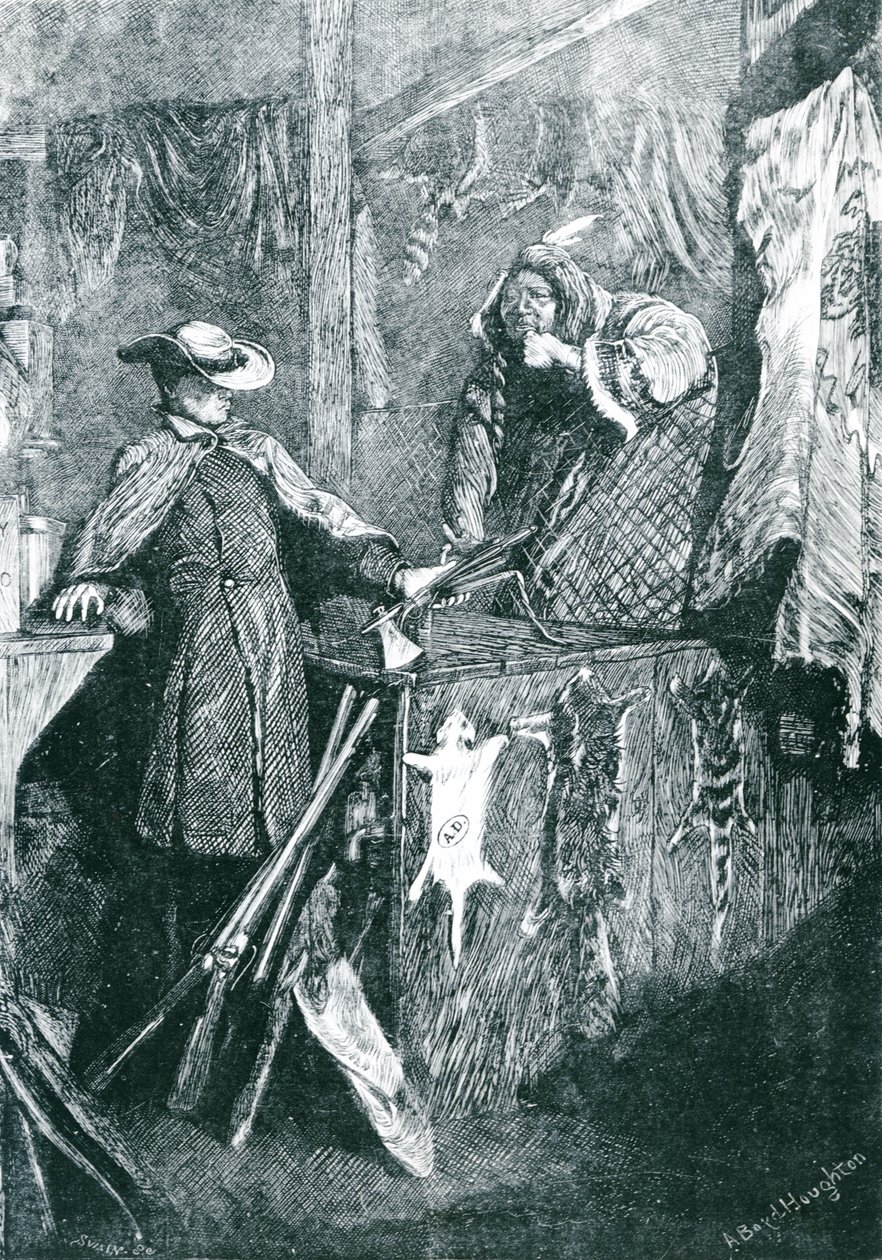 Byttehandel med indianerne i de vestlige stater i Amerika, indgraveret af Joseph Swain (1820-1909) 1871 af Arthur Boyd Houghton
